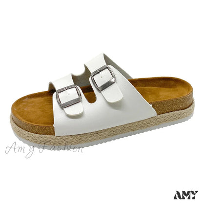 Vintage Double Buckle Beach Casual Round Toe Sandals Couples Shoes White / 35