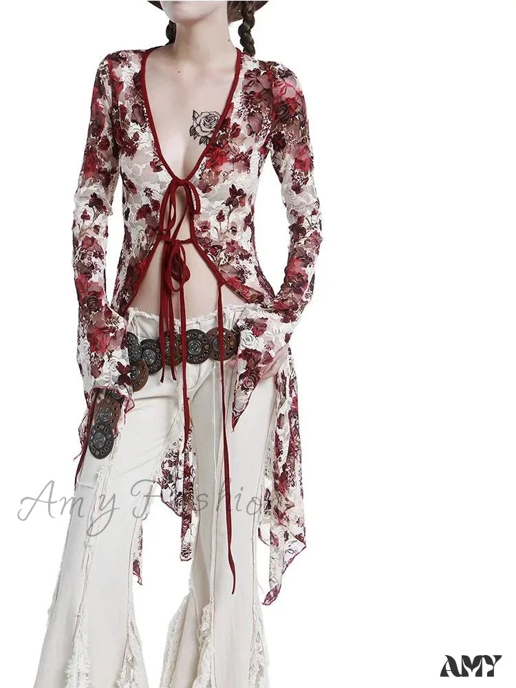 Vintage Floral Print Gothic Style Red Flare Sleeve Mesh Transparent Slim Chic Cardigan