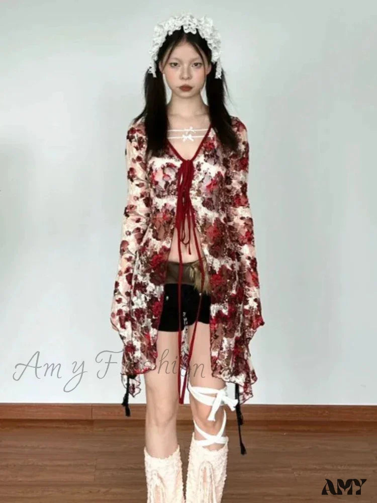 Vintage Floral Print Gothic Style Red Flare Sleeve Mesh Transparent Slim Chic Cardigan
