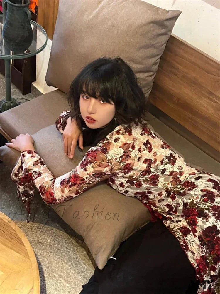 Vintage Floral Print Gothic Style Red Flare Sleeve Mesh Transparent Slim Chic Cardigan