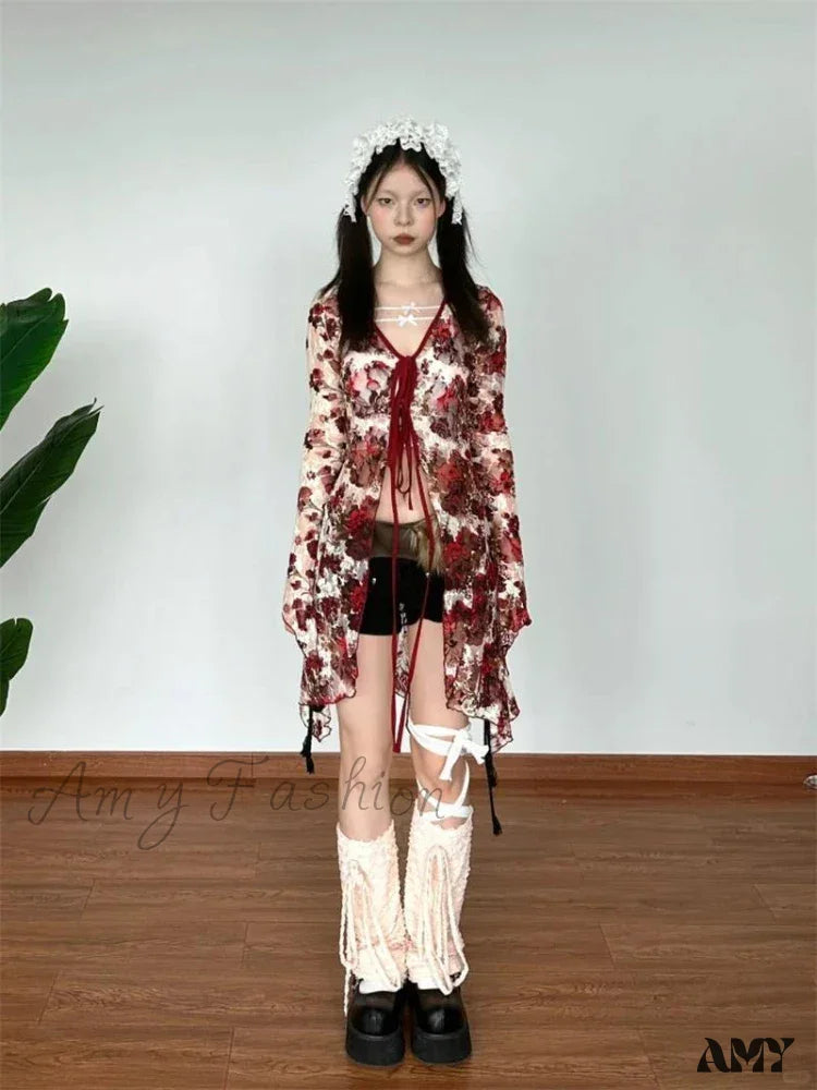 Vintage Floral Print Gothic Style Red Flare Sleeve Mesh Transparent Slim Chic Cardigan