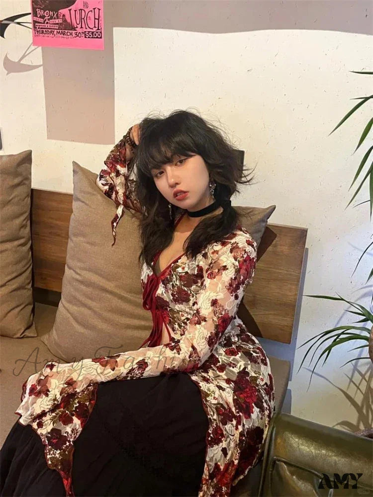 Vintage Floral Print Gothic Style Red Flare Sleeve Mesh Transparent Slim Chic Cardigan