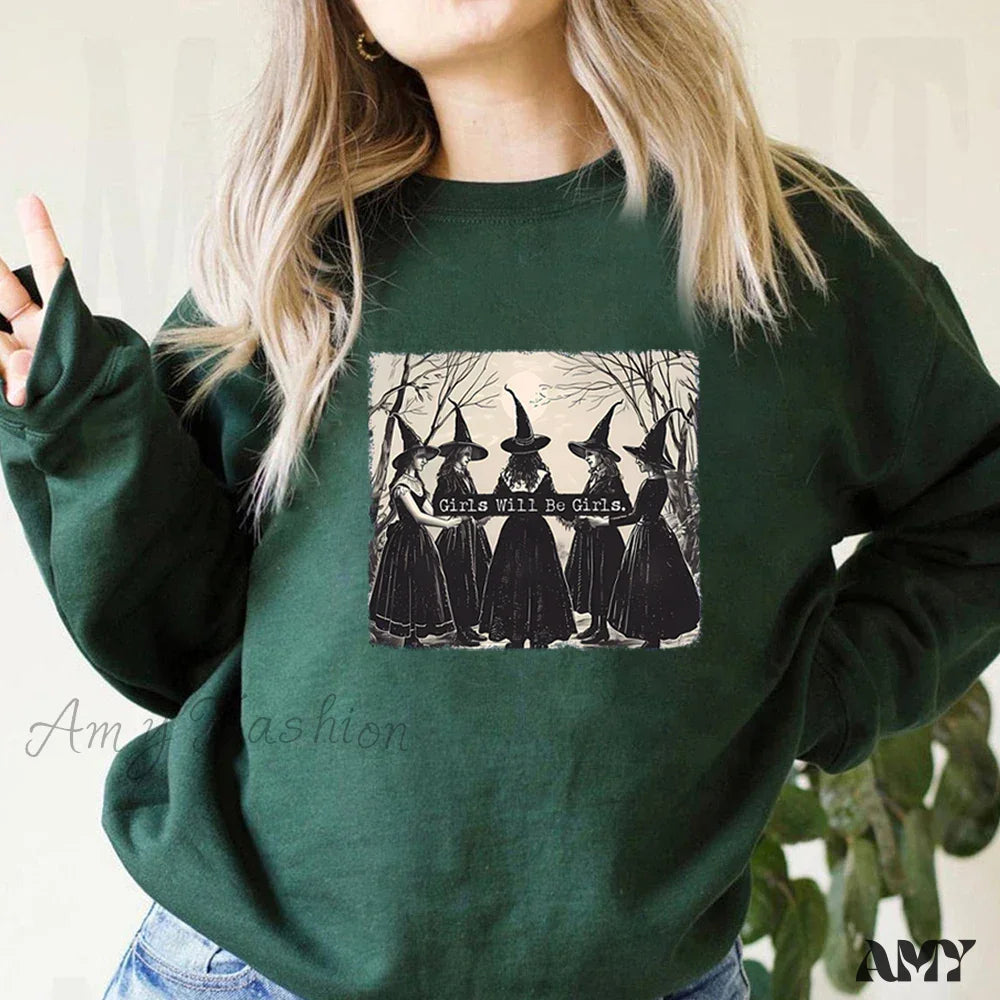 Vintage Funny Witch Halloween Winter Witchy Vibes Hoodie Dark Green / S