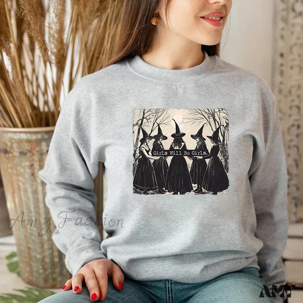 Vintage Funny Witch Halloween Winter Witchy Vibes Hoodie Gray / S