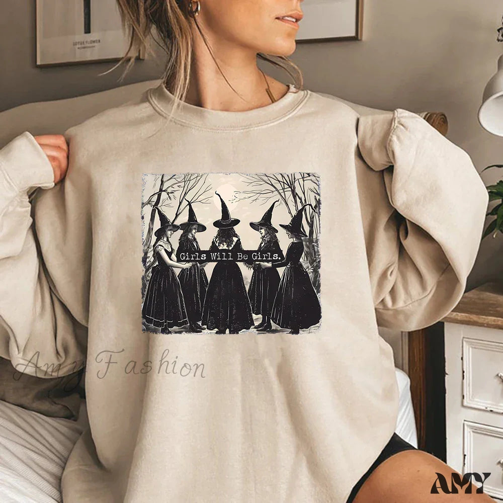 Vintage Funny Witch Halloween Winter Witchy Vibes Hoodie Khaki / S