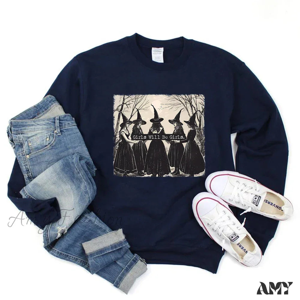 Vintage Funny Witch Halloween Winter Witchy Vibes Hoodie Navy Blue / S