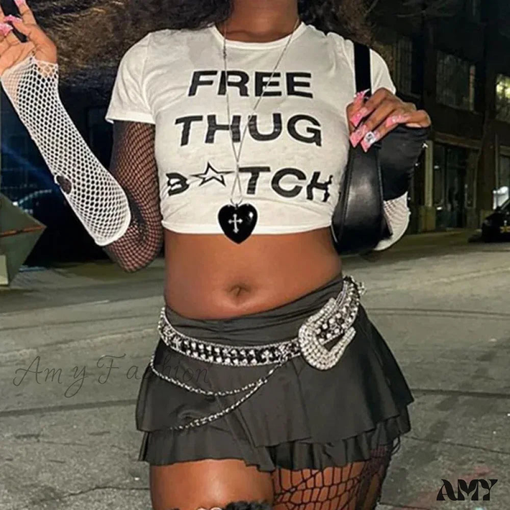 Vintage Goth Letter Print Harajuku Streetwear Short Sleeve Skinny Crop Top
