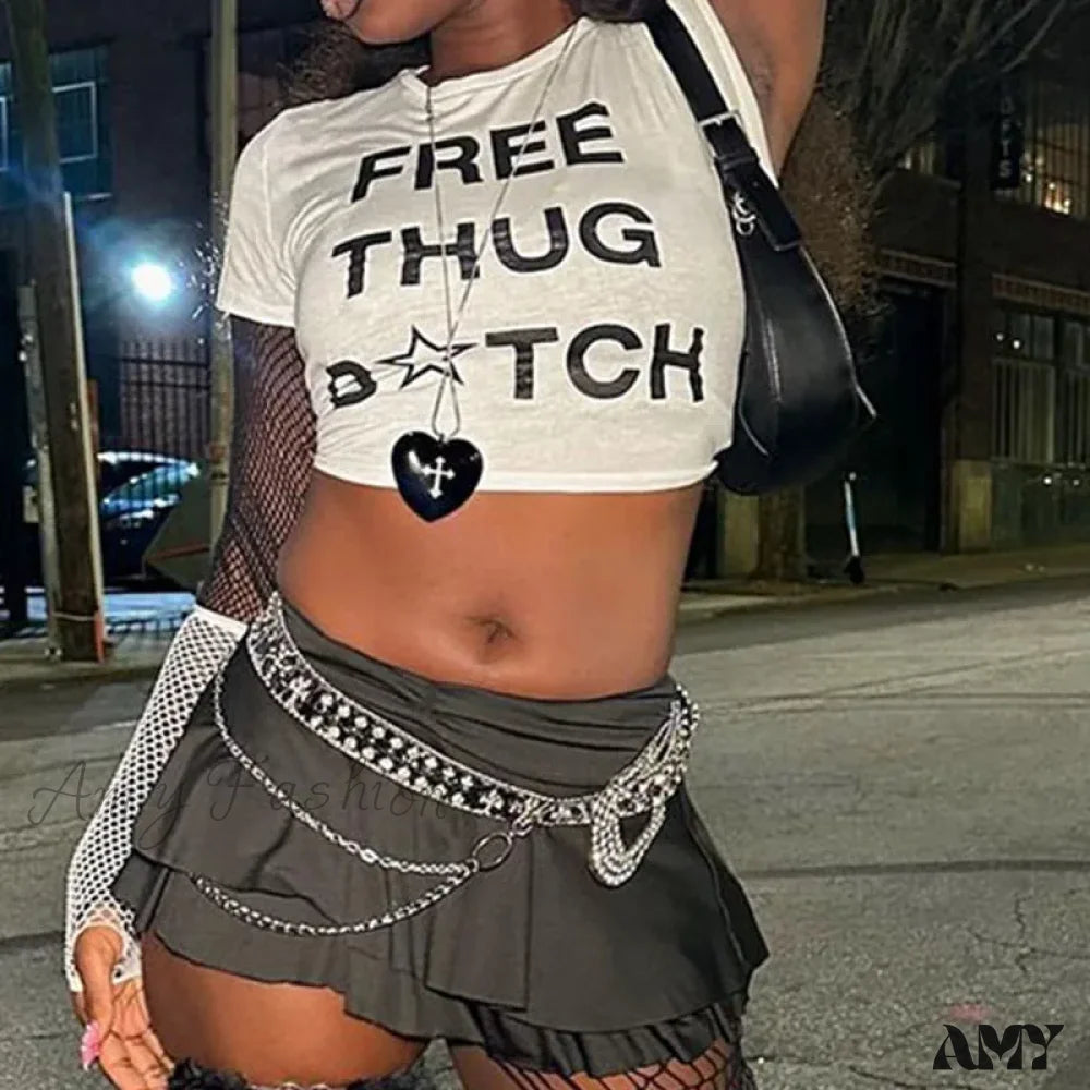 Vintage Goth Letter Print Harajuku Streetwear Short Sleeve Skinny Crop Top