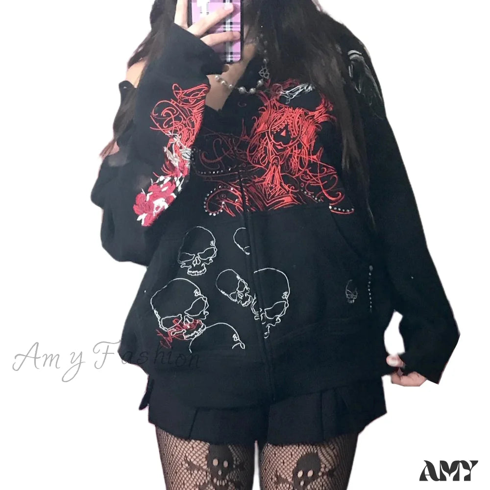 Vintage Graphic Indie Grunge Baggy Harajuku Goth Emo Hoodie Red / S