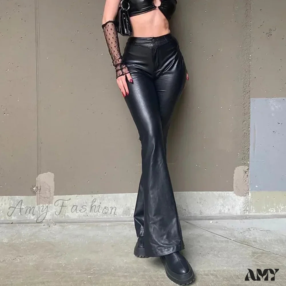 Vintage High Waist Flare Stretch Slim Faux Leather Pants Black / S