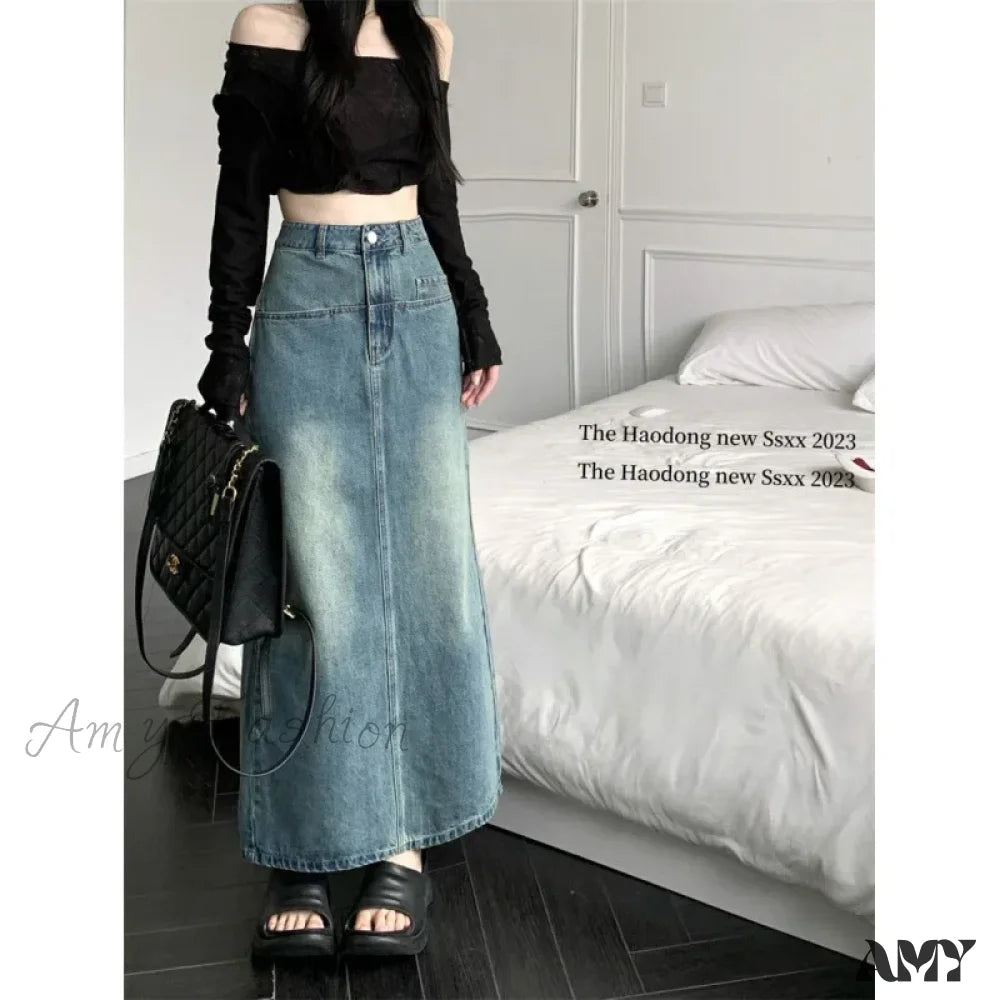 Vintage Hong Kong Style High-Waisted A-Line Denim Slit Side Design Versatile Long Skirt