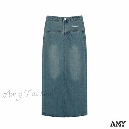 Vintage Hong Kong Style High-Waisted A-Line Denim Slit Side Design Versatile Long Skirt Blue / S