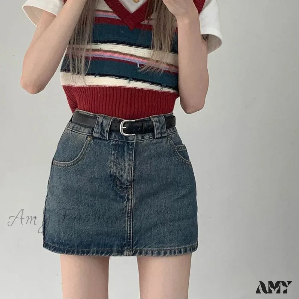 Vintage Korean High Waisted Slim Wrap Sexy Hot Streetwear Skirt Blue / S