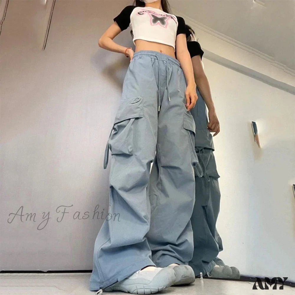 Vintage Large Pocket High Waist Wide Loose Fashion New Drawstring Trouser Blue / S