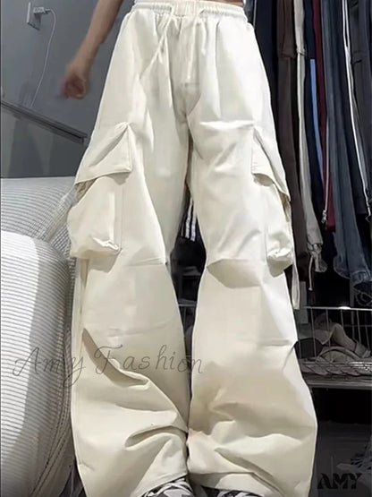 Vintage Large Pocket High Waist Wide Loose Fashion New Drawstring Trouser White / S