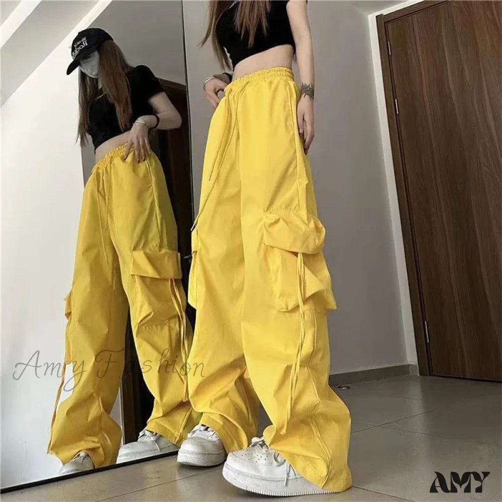 Vintage Large Pocket High Waist Wide Loose Fashion New Drawstring Trouser Yellow / S