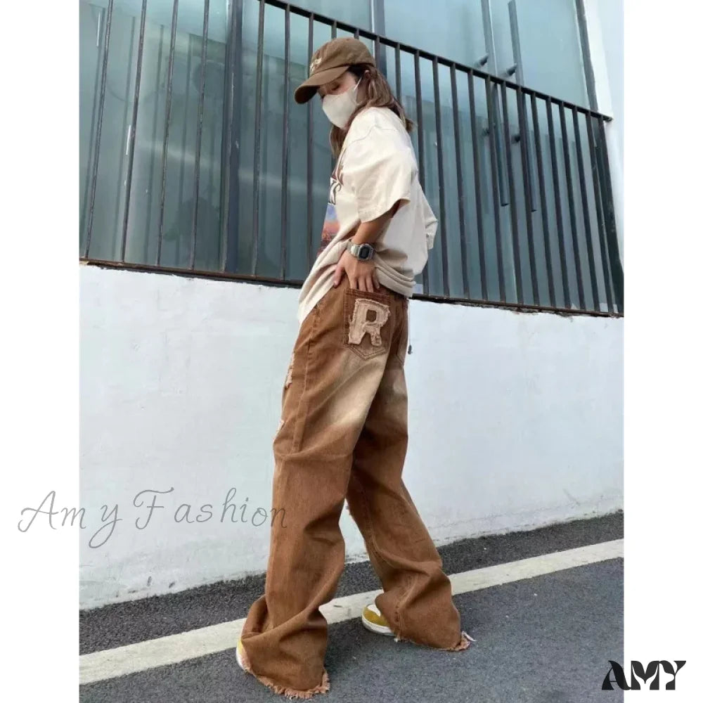 Vintage Letter Embroidery Fashion Y2K Streetwear Wide Leg Hip Hop Baggy Jeans Brown / S