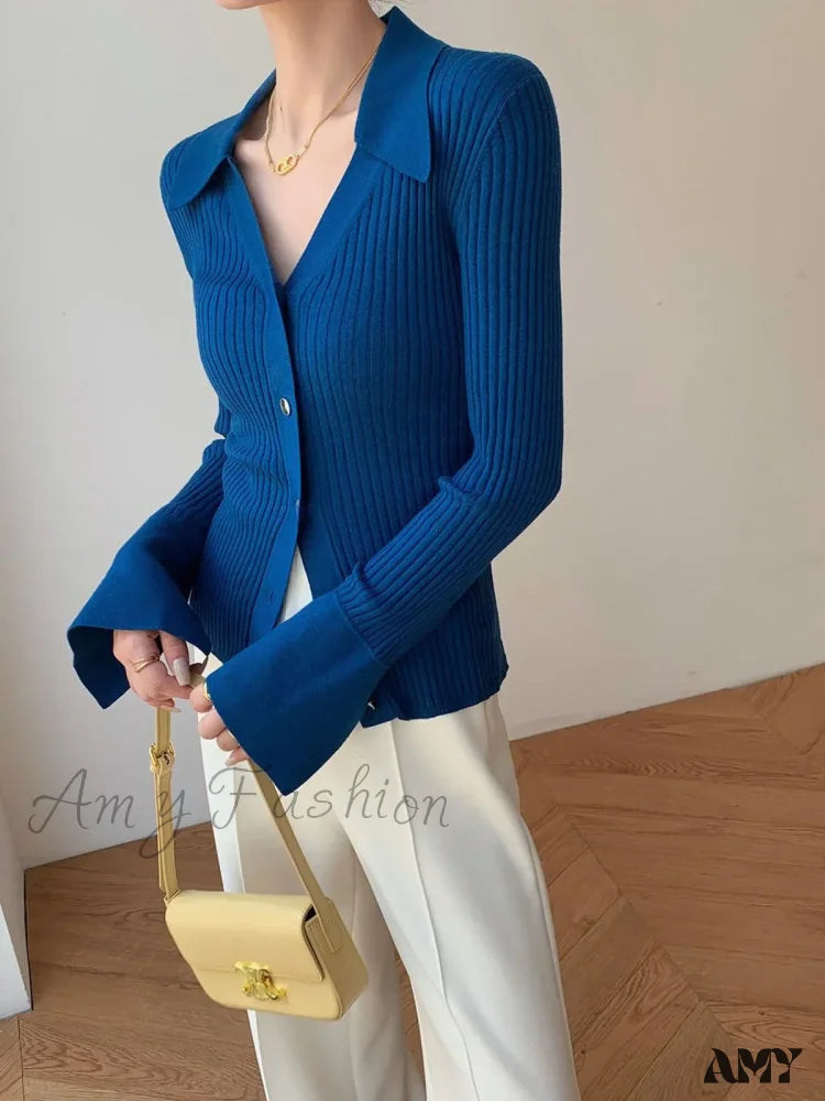 Vintage Luxury Knitted Cardigan Long Sleeve Tops Slim Polo Large Lapel Korean Fashion High Quality