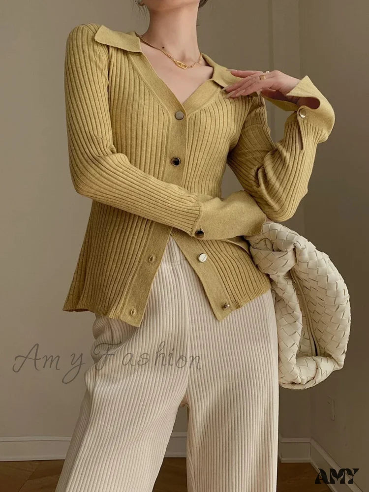 Vintage Luxury Knitted Cardigan Long Sleeve Tops Slim Polo Large Lapel Korean Fashion High Quality