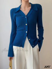 Vintage Luxury Knitted Cardigan Long Sleeve Tops Slim Polo Large Lapel Korean Fashion High Quality
