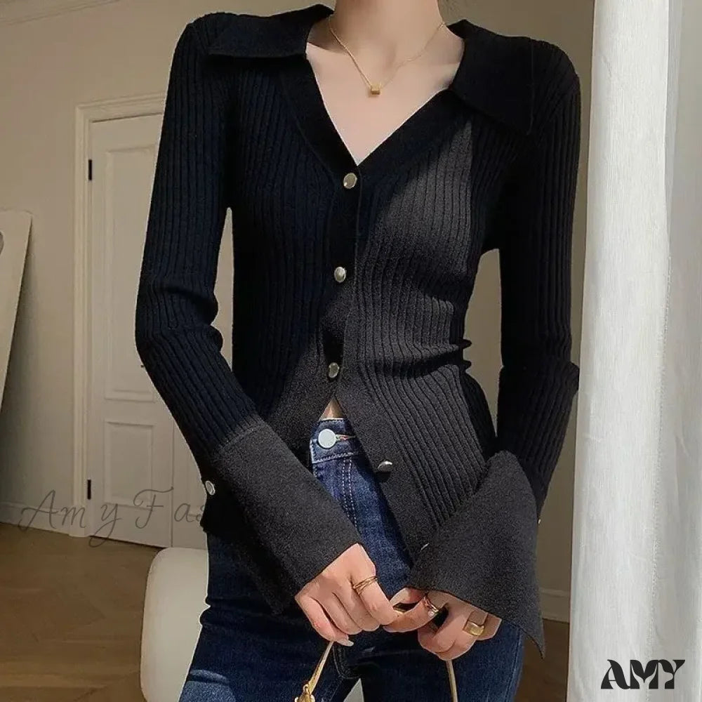 Vintage Luxury Knitted Cardigan Long Sleeve Tops Slim Polo Large Lapel Korean Fashion High Quality
