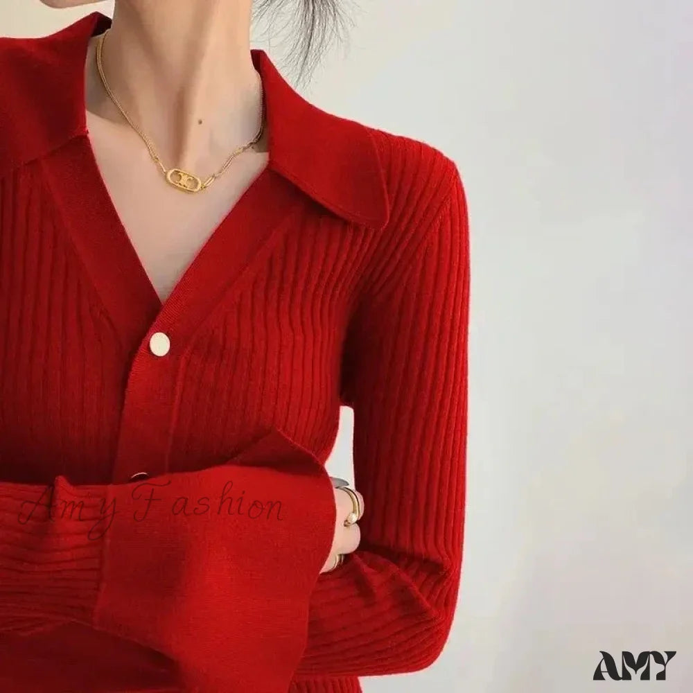 Vintage Luxury Knitted Cardigan Long Sleeve Tops Slim Polo Large Lapel Korean Fashion High Quality