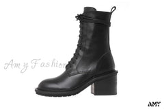 Vintage Petite Mid Heel Lace-Up Ankle Denim Short Autumn Winter Martin Boots Shoes Black / 34