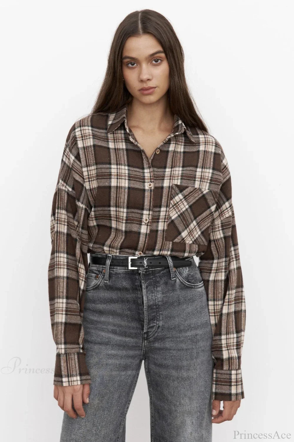 Vintage Plaid Pocket Long Sleeve Collared Blouse