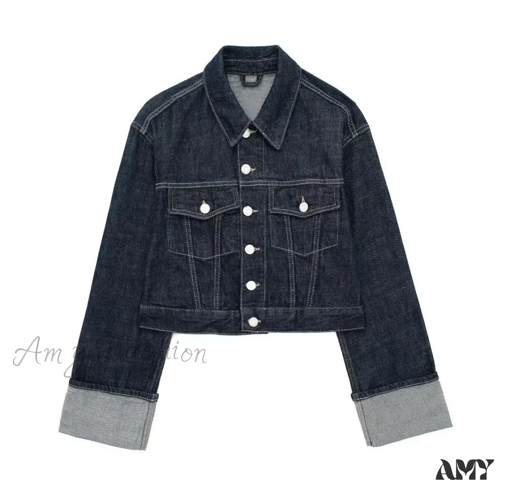 Vintage Single Breasted Lapel Long Sleeve With Pockets Dark Blue High Street Jacket Blue / Xs