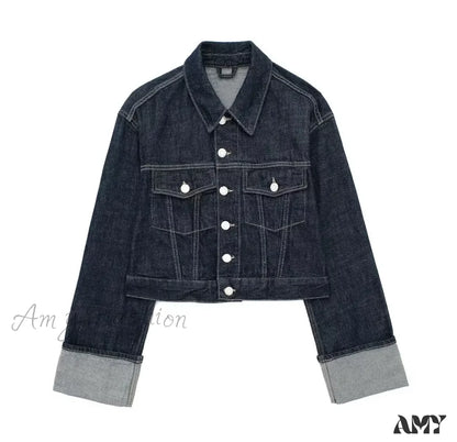 Vintage Single Breasted Lapel Long Sleeve With Pockets Dark Blue High Street Jacket Blue / Xs