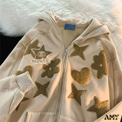 Vintage Star Graphic Jacket Y2K Oversized Long Sleeve Streetwear Harajuku Print Pocket Zipper