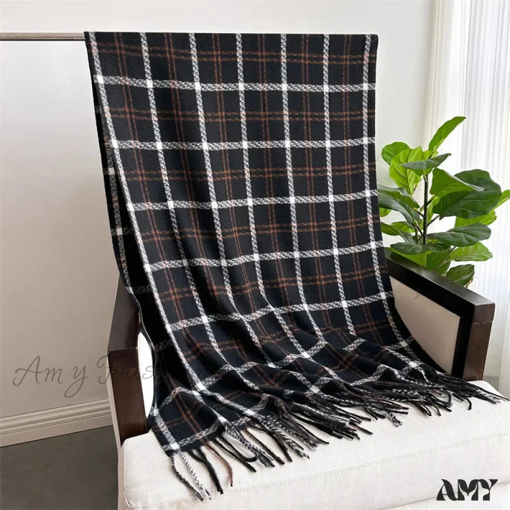 Vintage Style Cashmere Plaid Scarf - Unisex Winter Shawl Wrap Black