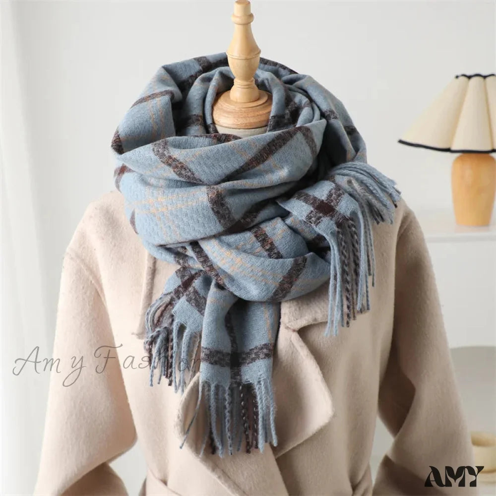 Vintage Style Cashmere Plaid Scarf - Unisex Winter Shawl Wrap Blue