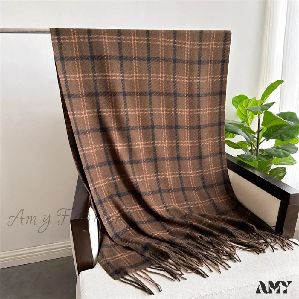 Vintage Style Cashmere Plaid Scarf - Unisex Winter Shawl Wrap Brown