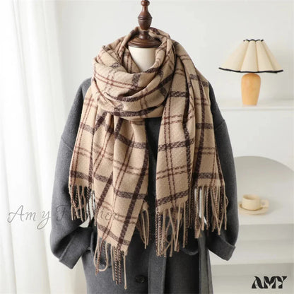 Vintage Style Cashmere Plaid Scarf - Unisex Winter Shawl Wrap Khaki