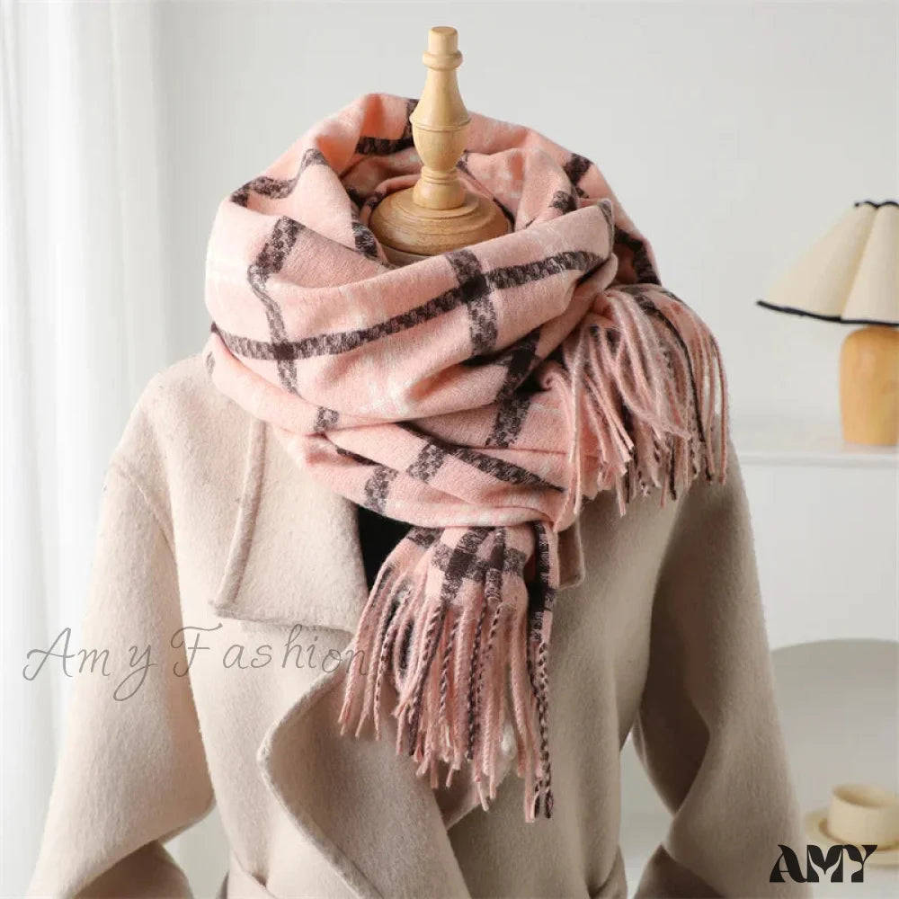 Vintage Style Cashmere Plaid Scarf - Unisex Winter Shawl Wrap Pink