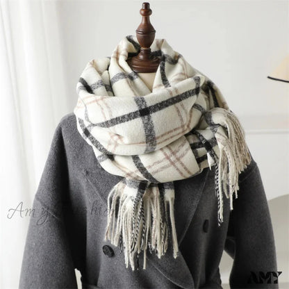 Vintage Style Cashmere Plaid Scarf - Unisex Winter Shawl Wrap White