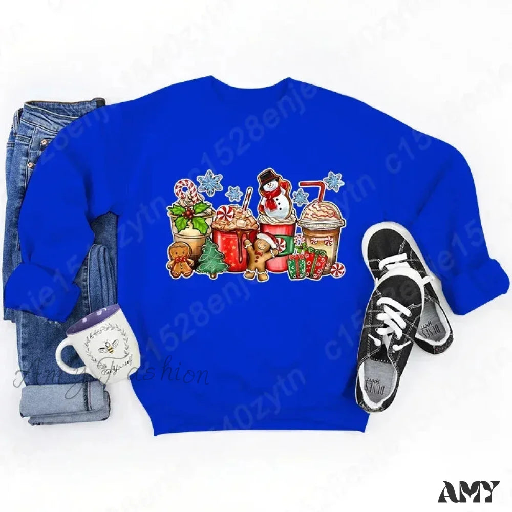 Vintage Style Christmas Hoodie - Festive Beverage Print Casual Fashion Blue / S