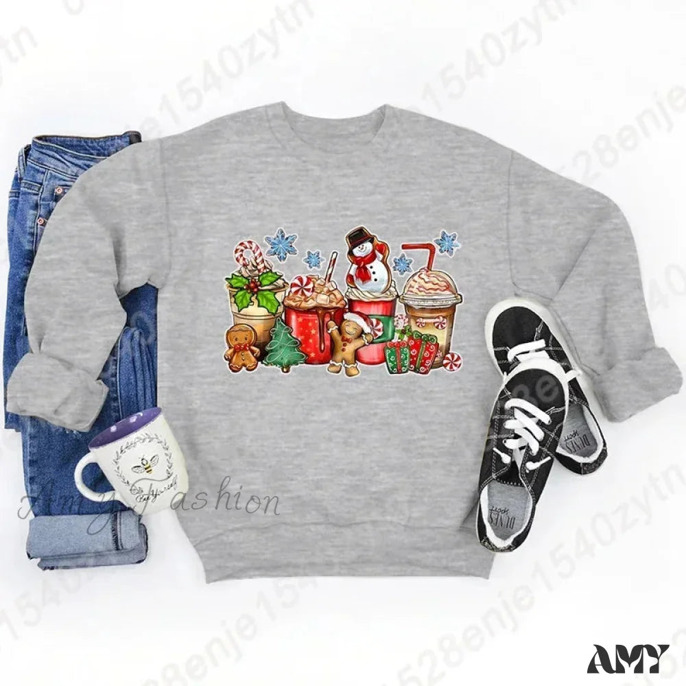 Vintage Style Christmas Hoodie - Festive Beverage Print Casual Fashion Gray / S