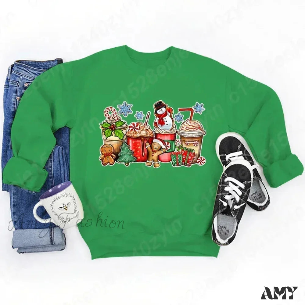 Vintage Style Christmas Hoodie - Festive Beverage Print Casual Fashion Green / S