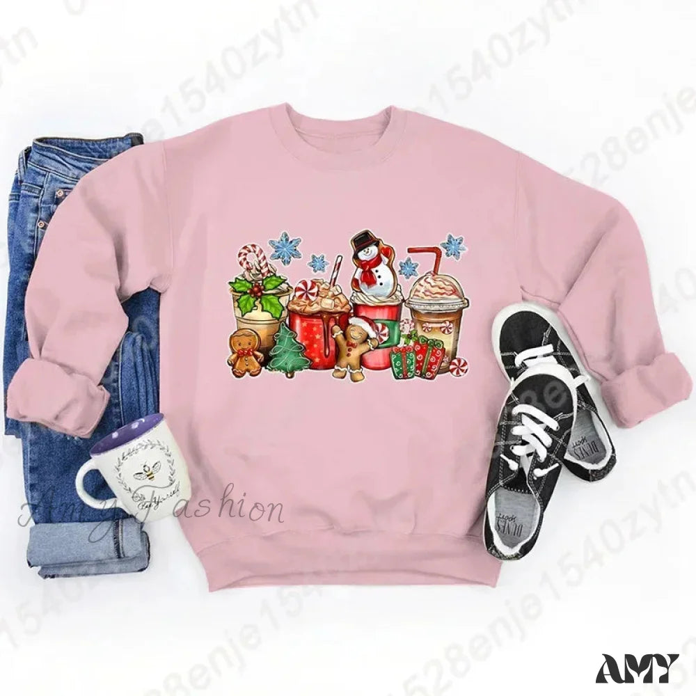 Vintage Style Christmas Hoodie - Festive Beverage Print Casual Fashion Pink / S