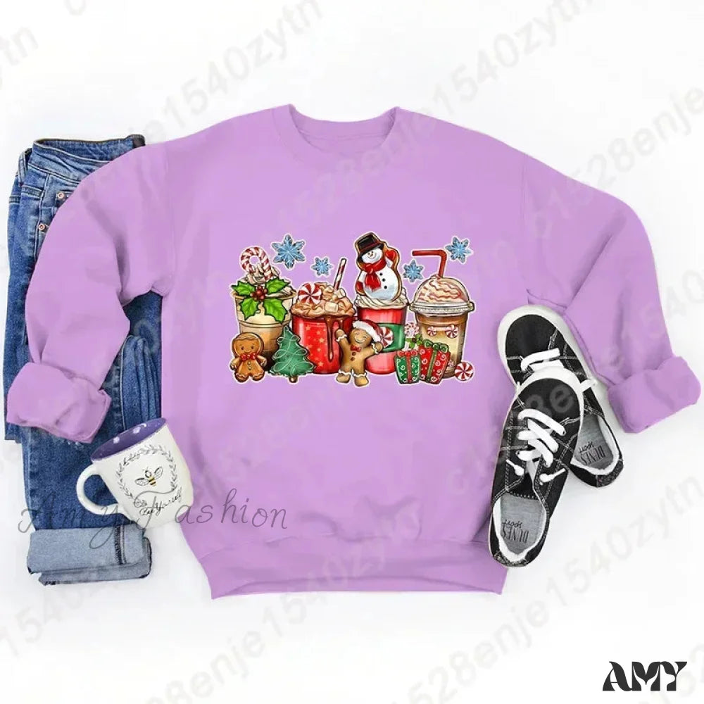 Vintage Style Christmas Hoodie - Festive Beverage Print Casual Fashion Purple / S