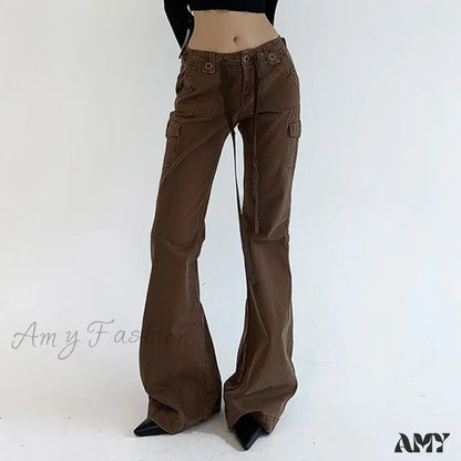 Vintage Y2K Chic Brown Low Waisted Flared Stitched Grunge Streetwear Slim Denim Jean