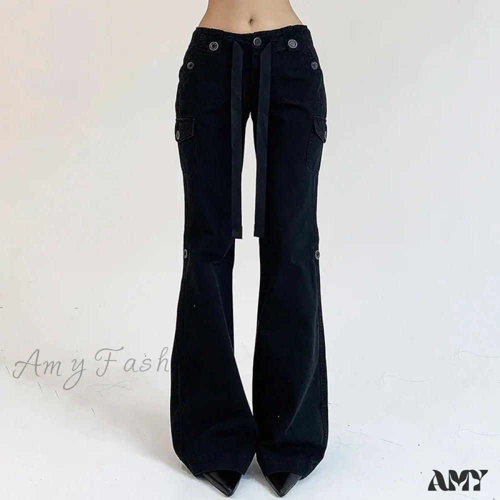 Vintage Y2K Chic Brown Low Waisted Flared Stitched Grunge Streetwear Slim Denim Jean Black / S