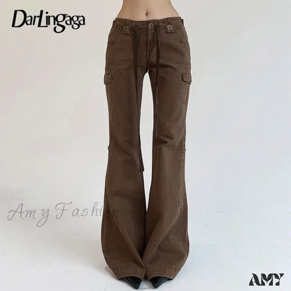 Vintage Y2K Chic Brown Low Waisted Flared Stitched Grunge Streetwear Slim Denim Jean / S