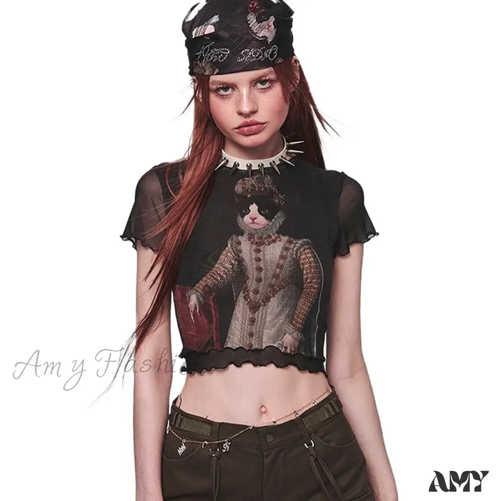 Vintage Y2K Goth Harajuku Cat Print Emo Short Sleeve Mesh Tee Women Crop Top Black / S