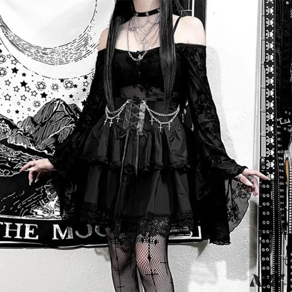 Waist Women Charming Sexy Fairycore Mini Folds Drawstring Ruffle Patchwork Irregular High Gothic