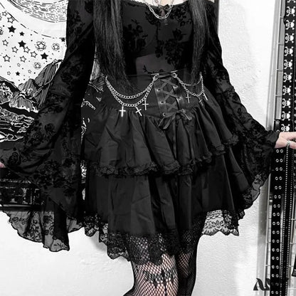 Waist Women Charming Sexy Fairycore Mini Folds Drawstring Ruffle Patchwork Irregular High Gothic