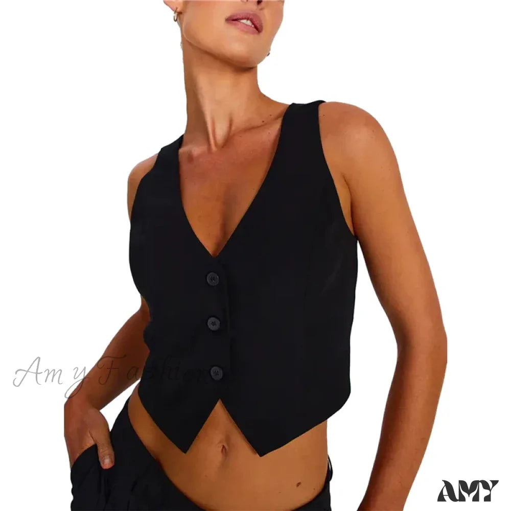 Waistcoat For Women Solid Color Slim Fit V Neck Sleeveless Button Down Fashion Crop Top