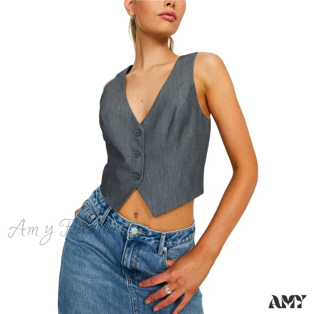 Waistcoat For Women Solid Color Slim Fit V Neck Sleeveless Button Down Fashion Crop Top